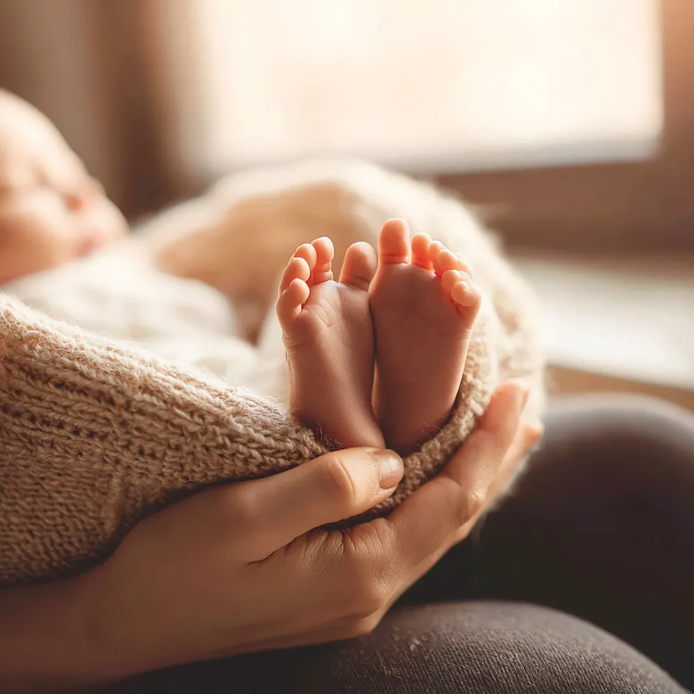 Detalle del cuidado Pigeon: los pies del bebé sostenidos entre las manos de mamá