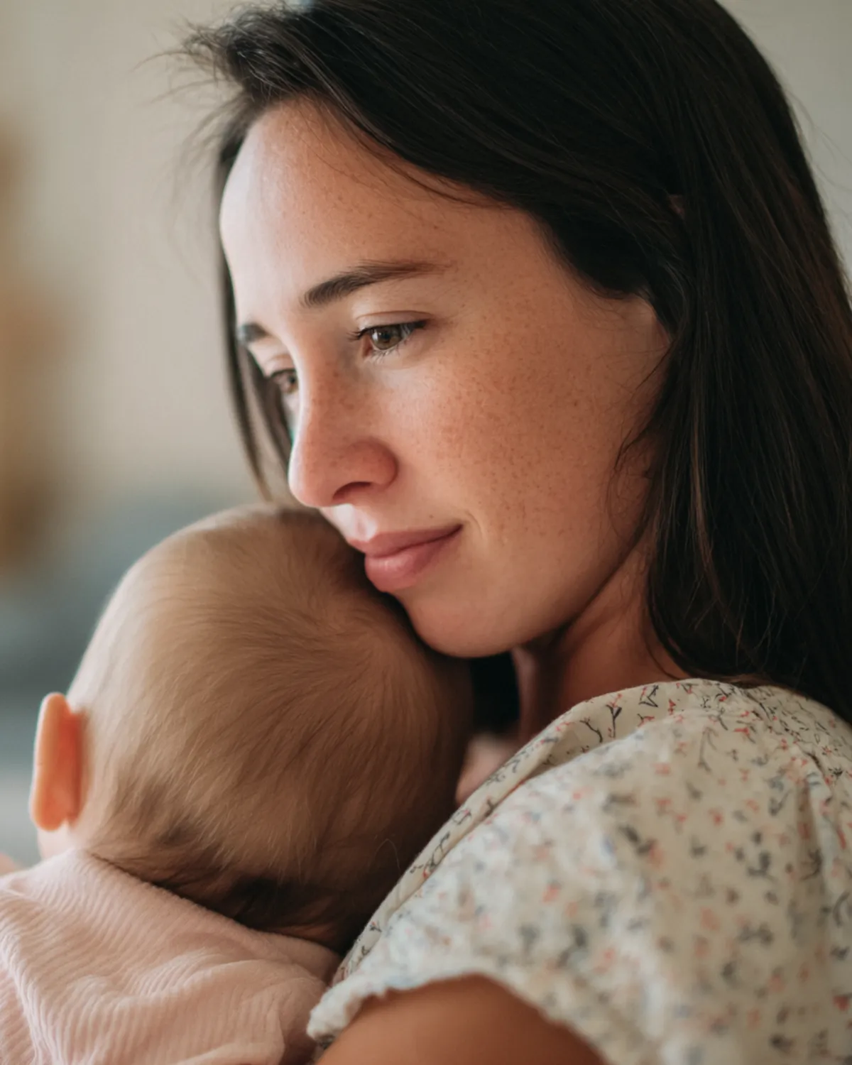 Mamá abrazando a su bebé contra el pecho, momento cálido en casa