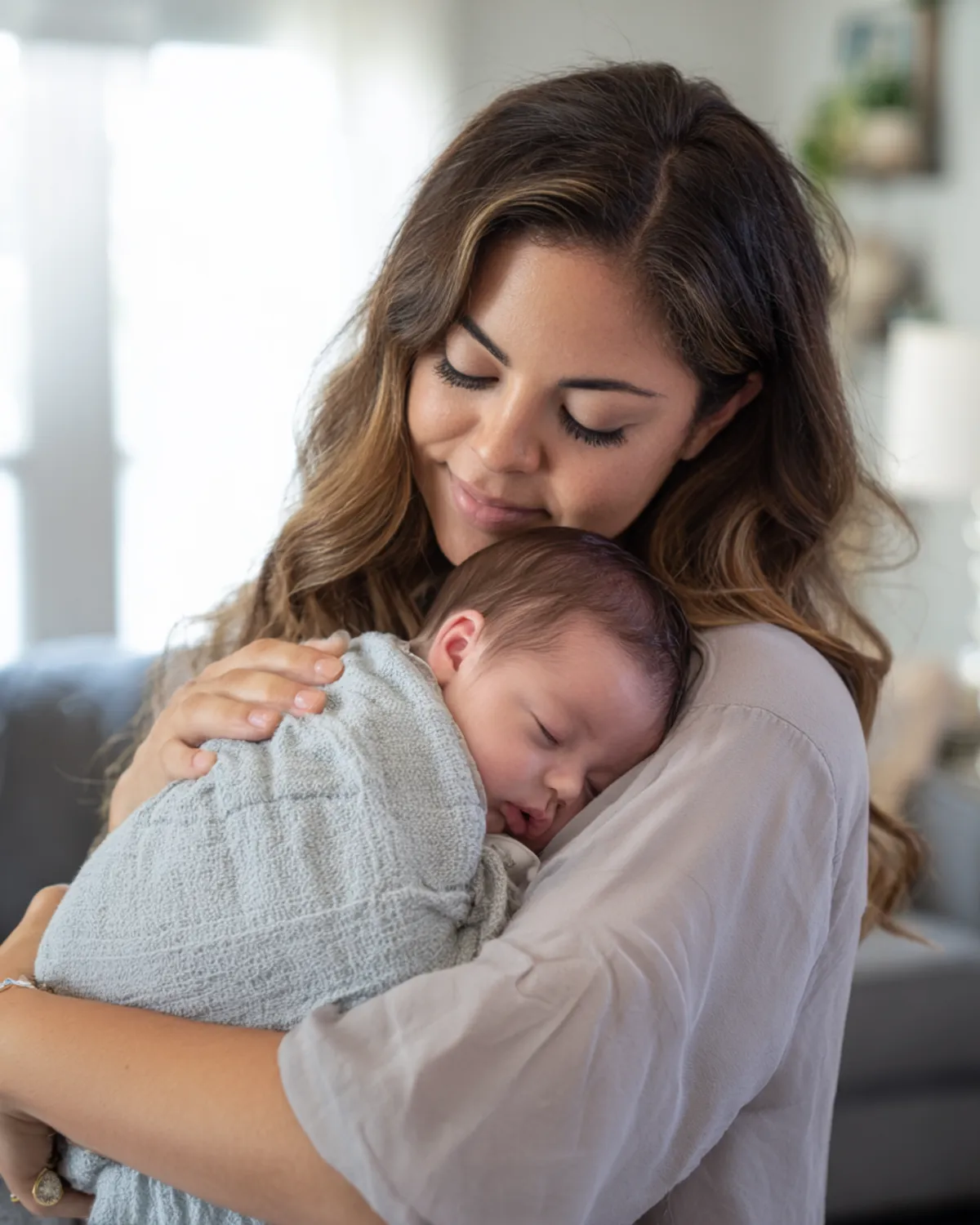 Madre sosteniendo con ternura a su bebé, luz cálida